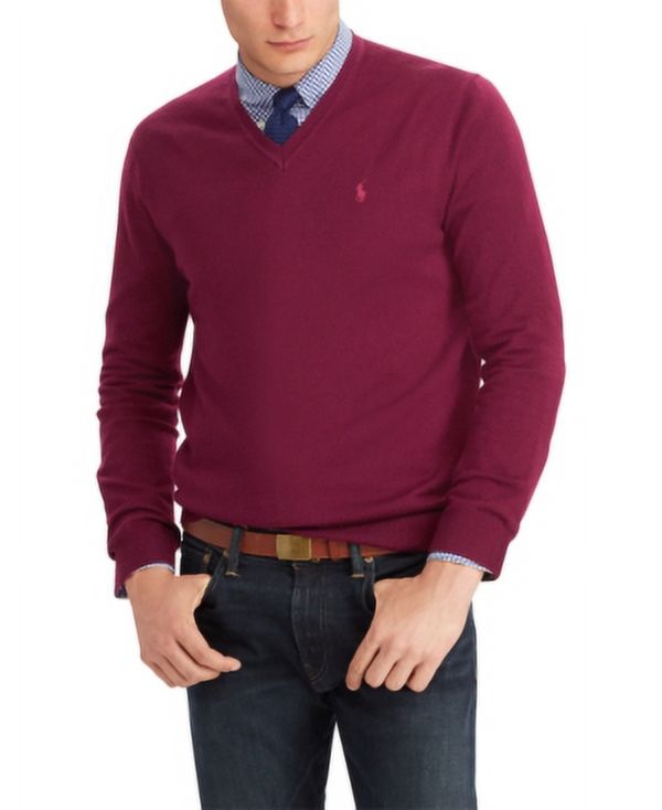 Polo Ralph Lauren BURGUNDY Merino Wool V-Neck Sweater, US Large