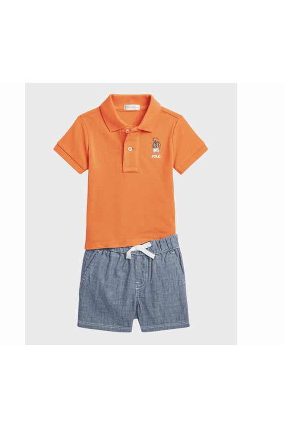 Baby Boys Polo Bear Cotton Polo Shirt and Shorts Set - Summer Coral