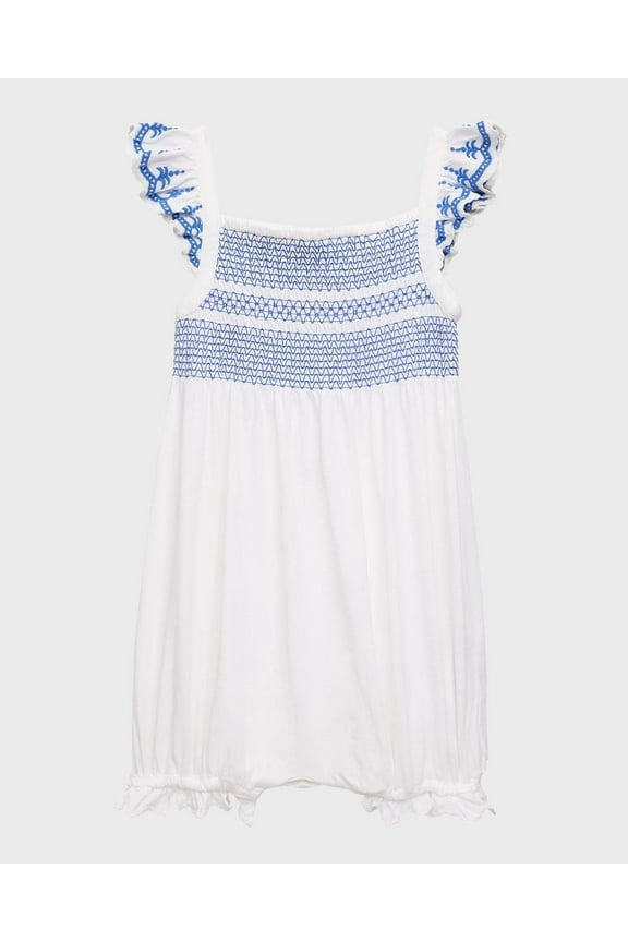 Baby Girls Smocked Eyelet Cotton Bubble Shortall - White with Brilliant Sapphire