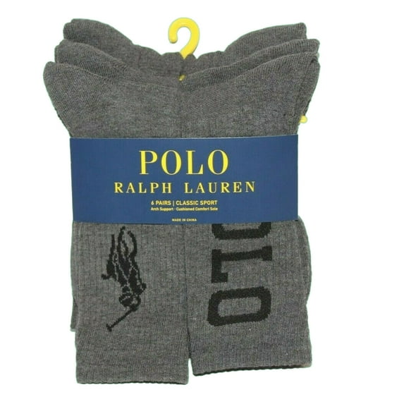 Polo Ralph Lauren Big Logo Men's Classic Sport Crew Sock 6-Pack, Sock Size 10-13, Dark Charcoal