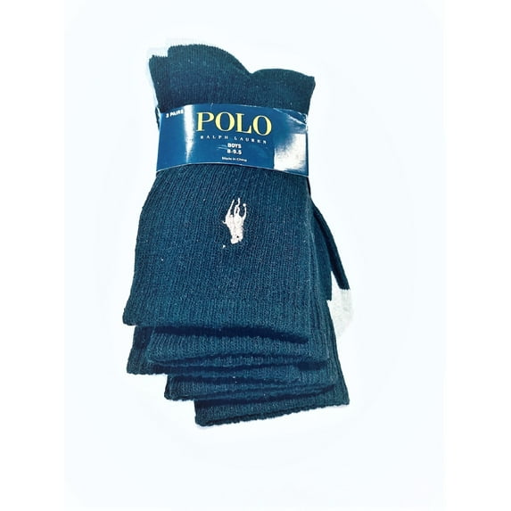 Polo Ralph Lauren Boy's 3 Pairs/Pack Crew Socks, Shoe Size 13C-3Y, Black/Grey
