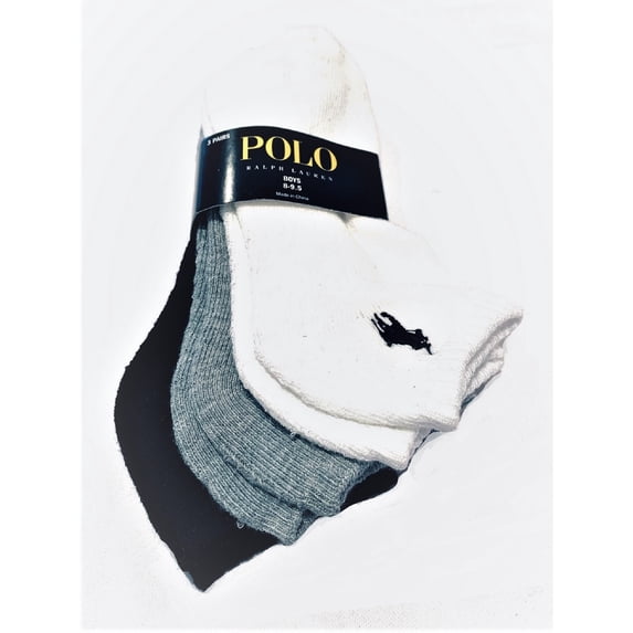 Polo Ralph Lauren Boy's 3 Pairs/Pack No Show Socks, Shoe Size 13C-3Y, White/Grey/Black