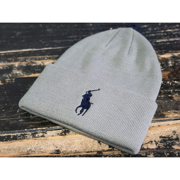 Polo Ralph Lauren Cuff Big Pony Logo Gray/Navy Blue Beanie Hat