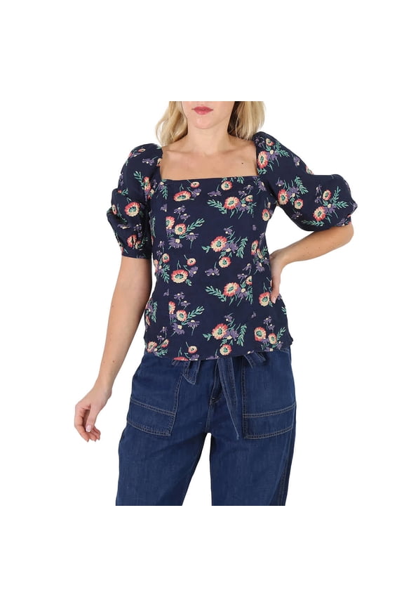 Ladies Floral Print Linen Puff Sleeve Blouse, Brand Size 4 (US Size 0)