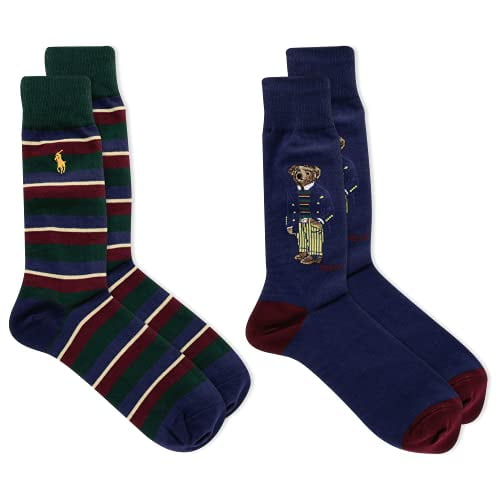 Polo Ralph Lauren Men's 2-Pack Assorted Polo Bear Dress Sock, Navy Assorted/Boston Commons Bear, 10-13