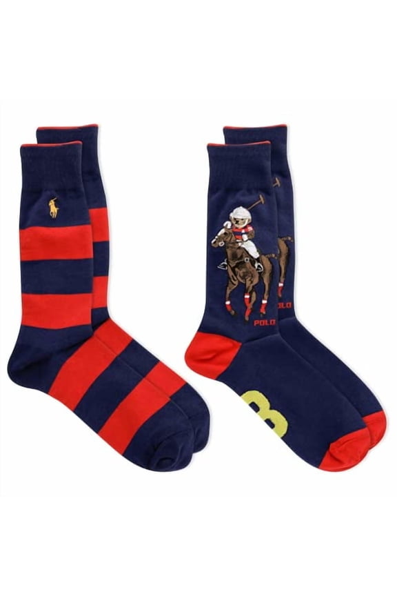 Men's 2-Pack Assorted Polo Bear Dress Sock, Navy/Polo Player Bear, 10-13