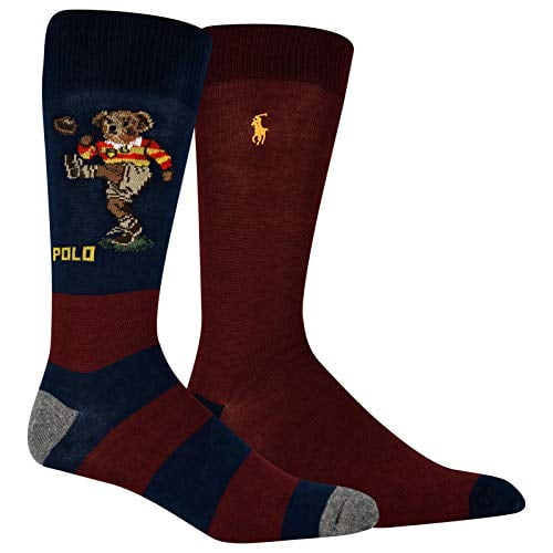 Polo Ralph Lauren Men's 2-Pack Assorted Polo Bear Solid Dress Sock, Navy/Burgundy/Rugby Kicker