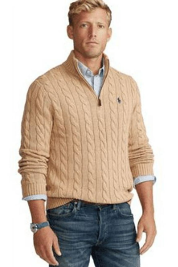 Men's Camel Melange Cable Knit Cotton Sweater, 5XB