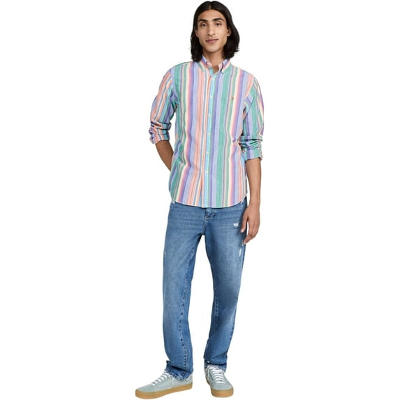 Polo Ralph Lauren Men's Classic Oxford Long Sleeve Sport Shirt, Orange/Green, S