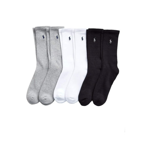 Polo Ralph Lauren Men's Classic Ribbed Crew Socks - 6 Pack (Grey-Wht-Blk)