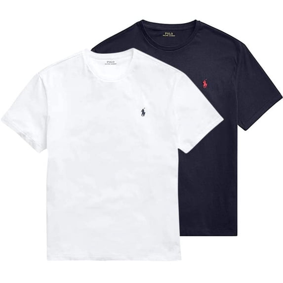 Polo Ralph Lauren Men's Crew-Neck T-Shirt Bundle (Small, White/Navy)