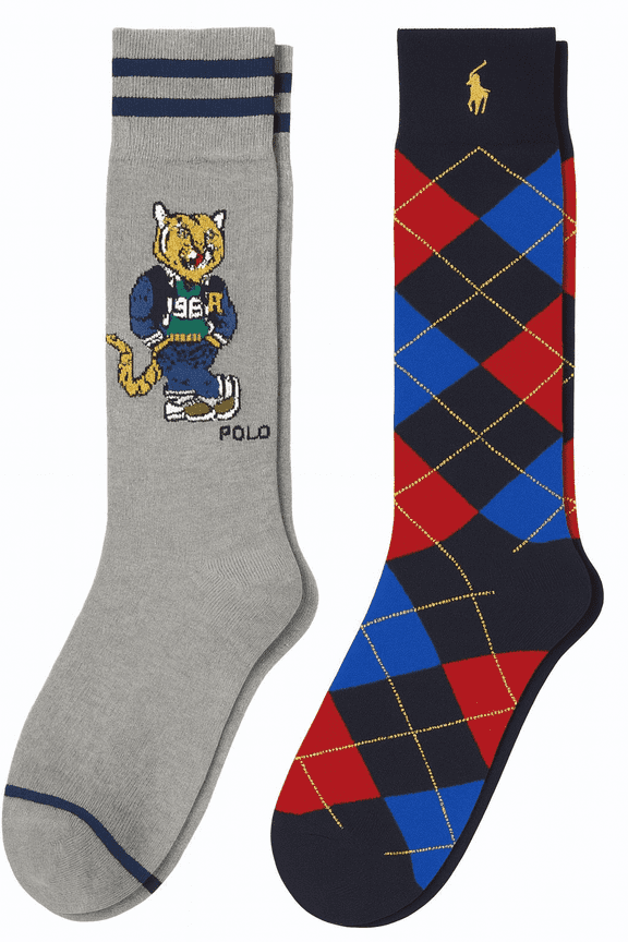Mens Crew Socks 2-Pack, Tiger Mascot Graphic & Argyle Pattern