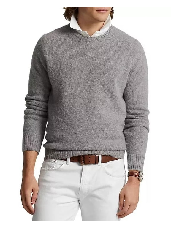 Men's Elbow Patch Wool Crewneck Sweater, Gray XXL