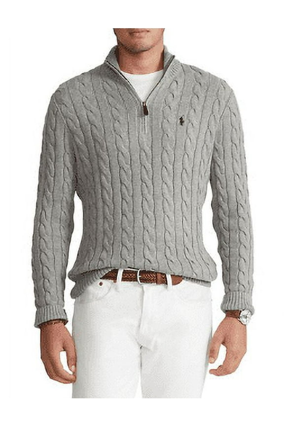 Men's Grey Big & Tall Cable Knit Cotton Sweater, 3XB