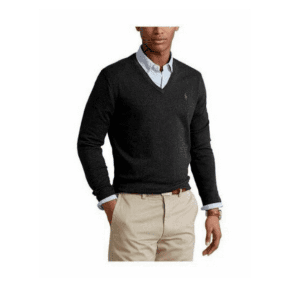 Polo Ralph Lauren Men's Herringbone V-Neck Pima Cotton Sweater, Charcoal, Size M