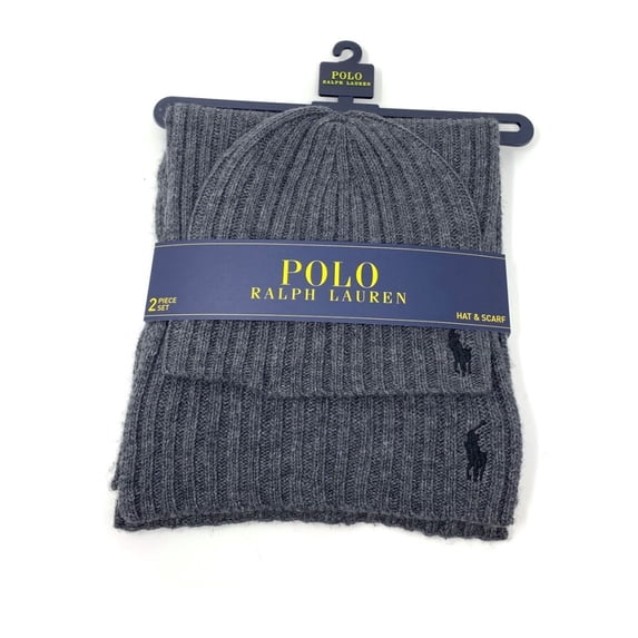 Polo Ralph Lauren Men's Lambswool Blend Hat, Scarf Set, Charcoal Grey, 2-Piece
