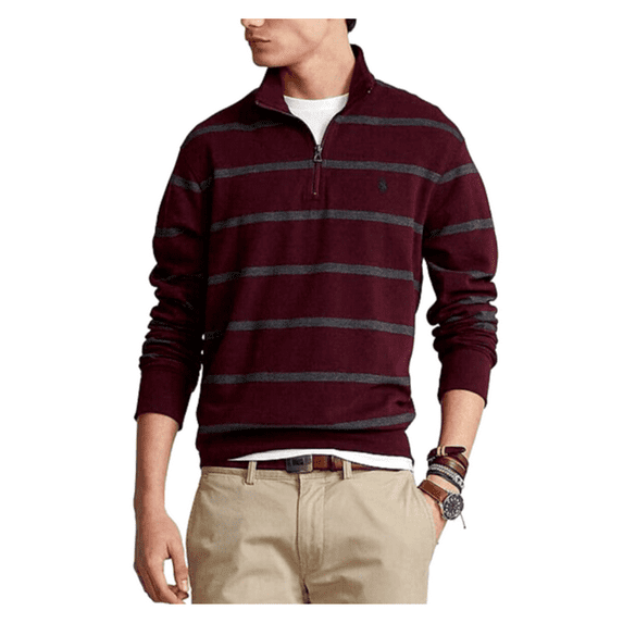 Polo Ralph Lauren Men's Luxury Jersey Striped 1/4-Zip Pullover, Burgundy, L