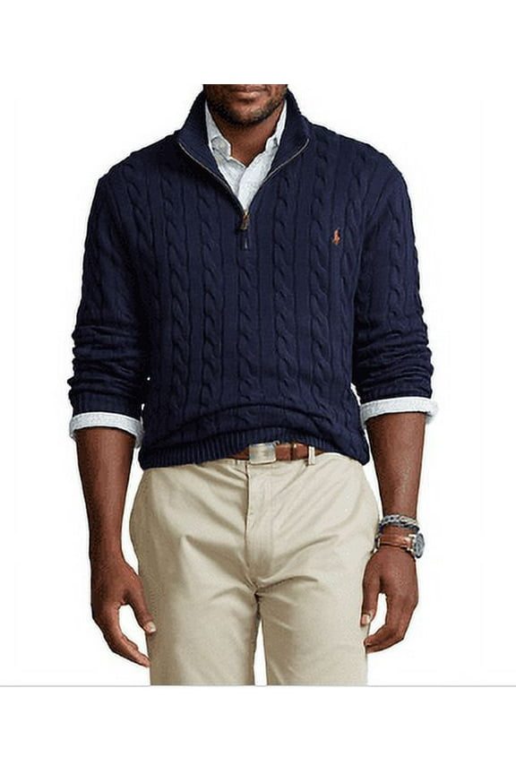Men's Navy Big & Tall Cable Knit Cotton Zip Sweater, US 3LT