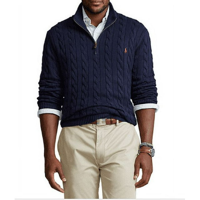 Polo Ralph Lauren Men's Navy Big & Tall Cable Knit Cotton Zip Sweater ...