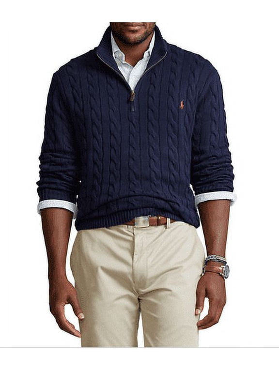 Men's Navy Big & Tall Cable Knit Cotton Zip Sweater, US 3LT
