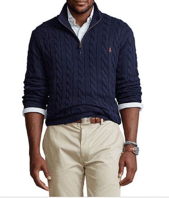 Polo Ralph Lauren Men's Navy Big & Tall Cable Knit Cotton Zip Sweater ...