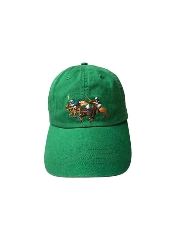 Men's Polo Bear Cotton Twill Baseball Cap with Leather Strap, Green (Triple-Pony), One Size