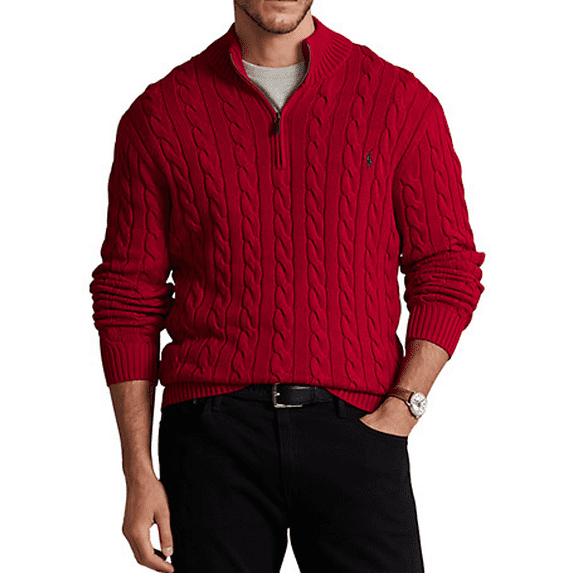 Polo Ralph Lauren Men's Red Big & Tall Cable Knit Cotton 1 4-Zip Sweater, 5 XB