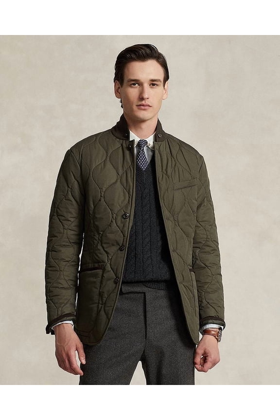 Men's Suede Trimmed Quilted Jacket in Olive Green-2XL