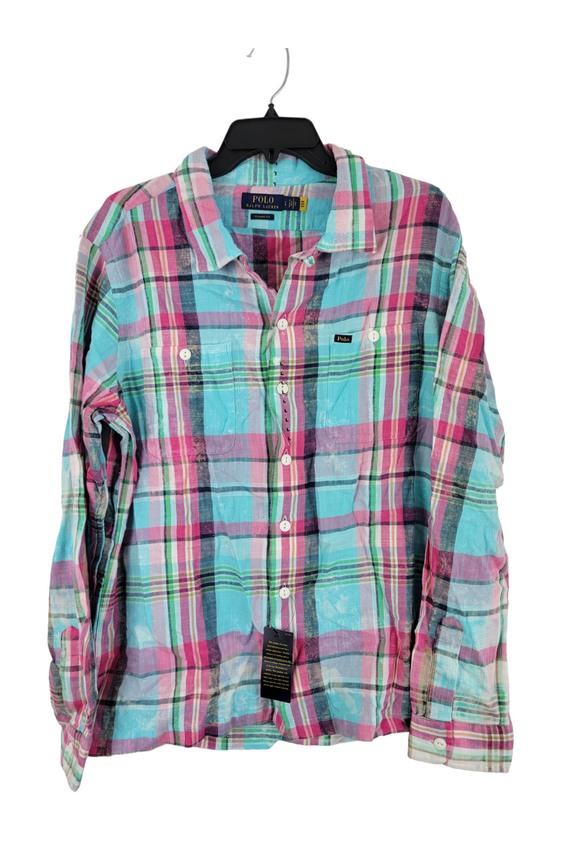Men's Washed Flannel Plaid Long Sleeve Shirt Size 1XB