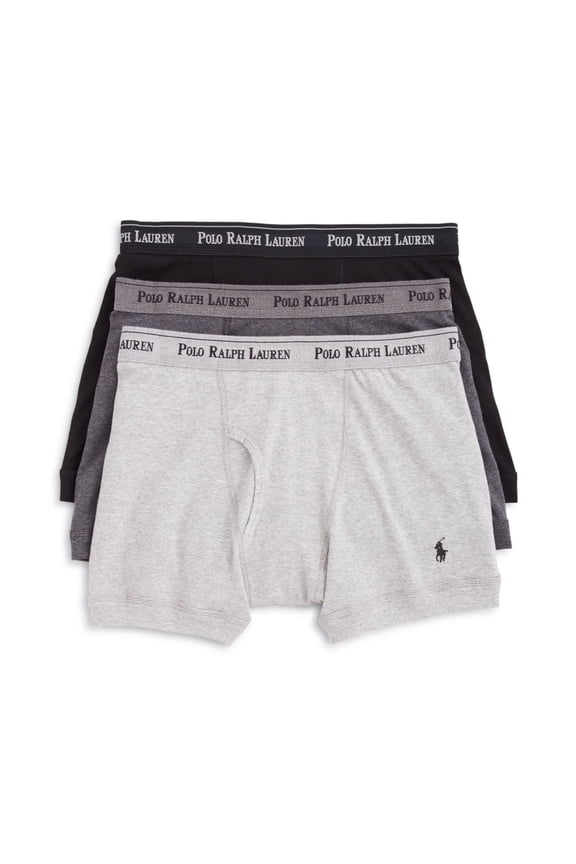 Polo Ralph Lauren Mens 3-Pack Classic Fit Cotton Boxer Briefs (Large, Blk/Grays)