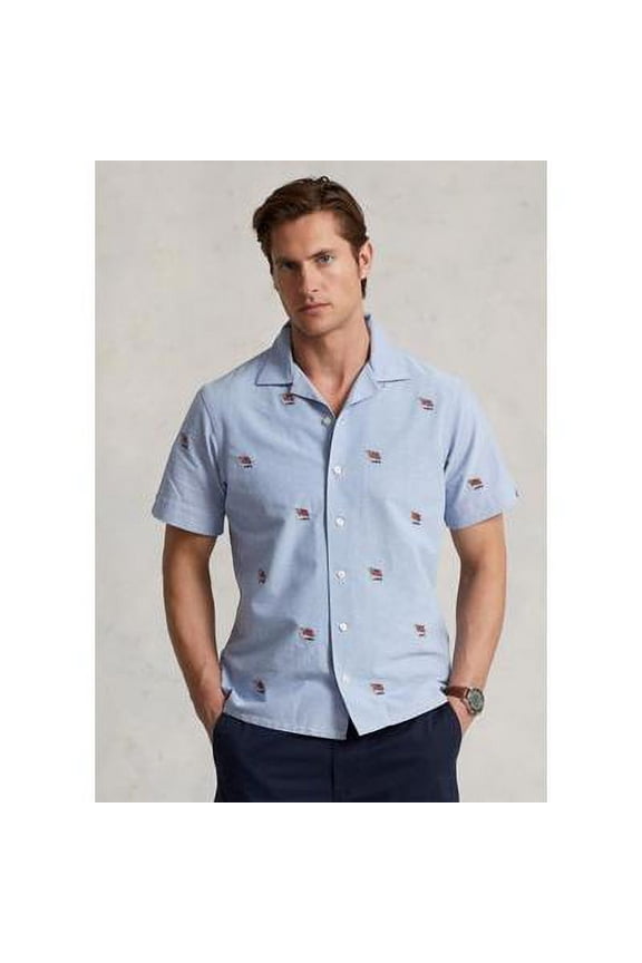 Mens Classic-Fit Flag Button Down Shirt Oxford Blue XL