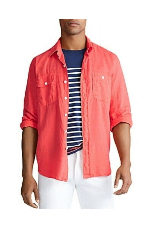 Mens Classic Fit Linen Button Down Shirt (Small, Pink)