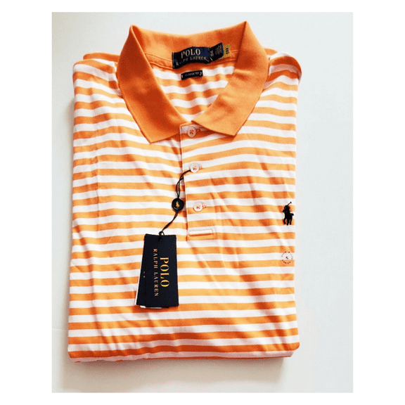 Polo Ralph Lauren Mens Classic Fit Soft Cotton Peach/White Stripe,L