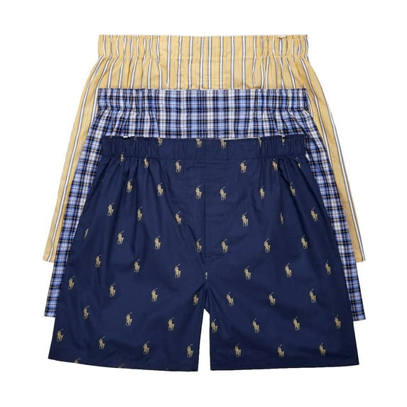 Polo Ralph Lauren Mens Classic Fit Woven Cotton Boxers (Medium,Navy/Yellow/Blue)