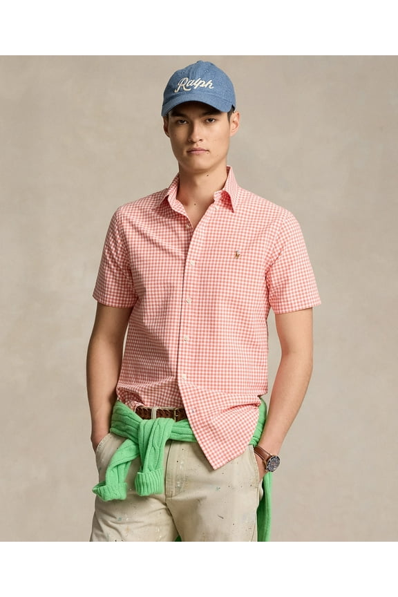 Mens Classic fit Short Sleeve Button-Up Shirt Orange Check 2XL