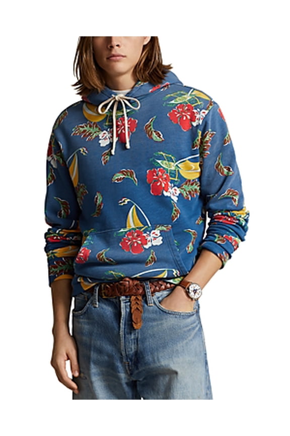 Mens Sailboat-Floral Fleece Hoodie Blu Mult XX-Large