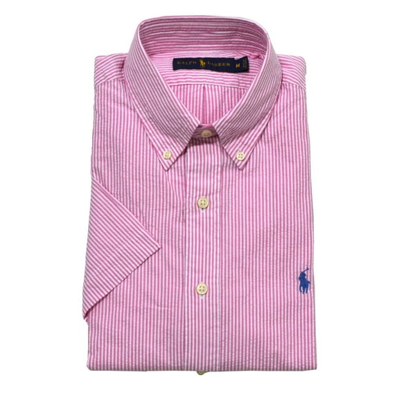 Polo Ralph Lauren Mens Seersucker Short Sleeve Shirt (M, Bright Pink Stripes)