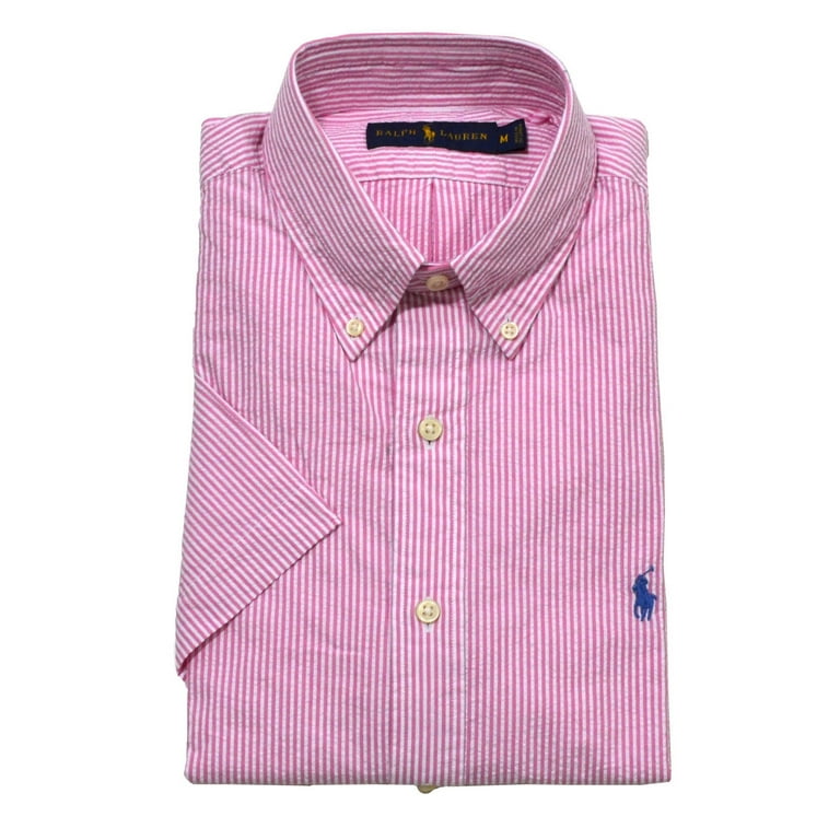 Polo Ralph Lauren Mens Seersucker Short Sleeve Shirt (S, Bright Pink  Stripes) 