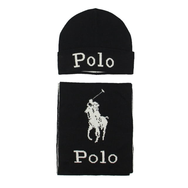 Polo Ralph Lauren Mens Wool Blend Winter Hat & Scarf Set Black O/S