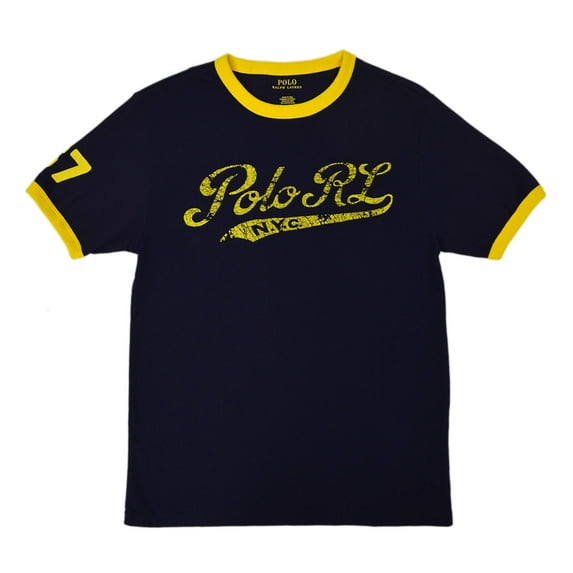 Polo Ralph Lauren NAVY BLUE/YELLOW Boys Ringer Graphic Tee T-Shirt, US Large