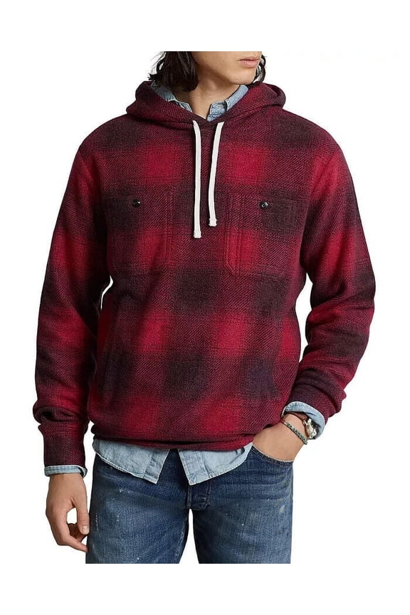 Plaid Brushed Back Fleece Hoodie Red Size S MSRP $348