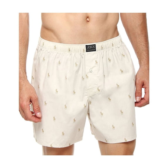 POLO RALPH LAUREN Men's Printed Polo Player 100% Cotton Woven Boxer, 676R, Beach Stone/Khaki, M