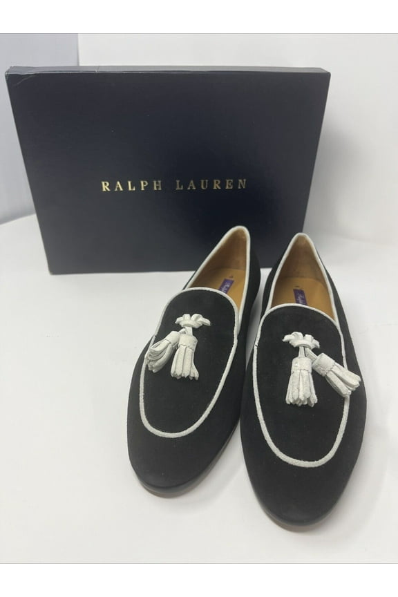 Polo Ralph Lauren Purple Label Black White Tassel Loafer Dress Shoes 37 B 6 1/2