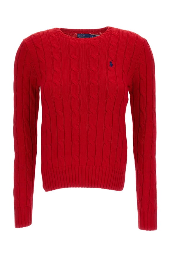 Ribbed Cable Knit Crew Neck Sweater With Embroidered Pony Detail (Women's)