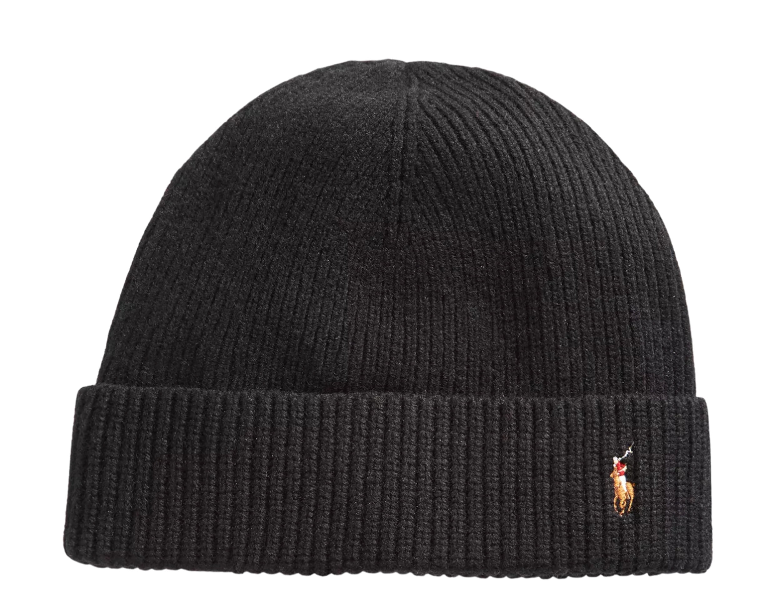 Black Wool Blend Winter Beanie with Fold-Over Cuff