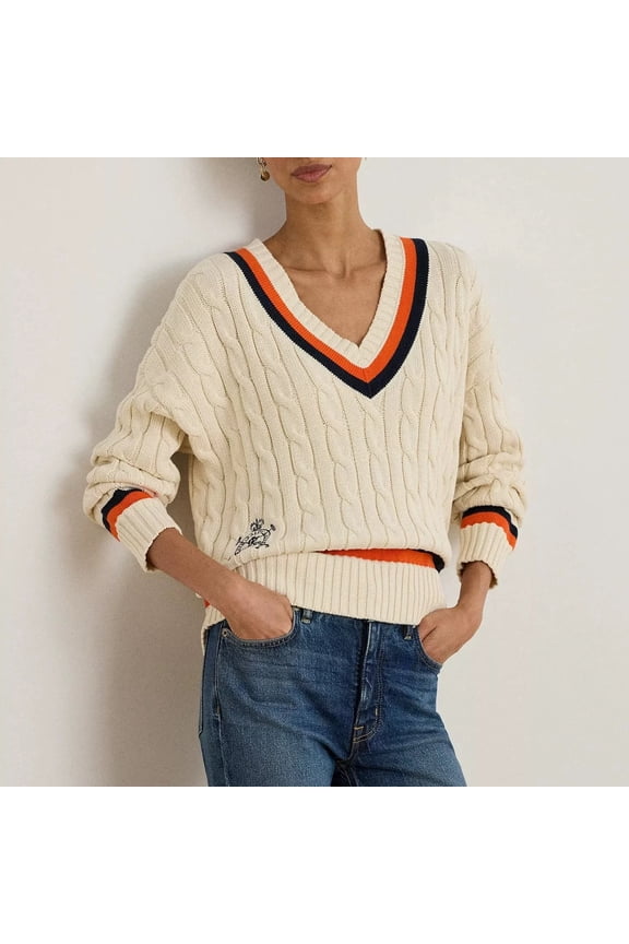Striped V-neck Cable Knit Embroidered Women's Sweater