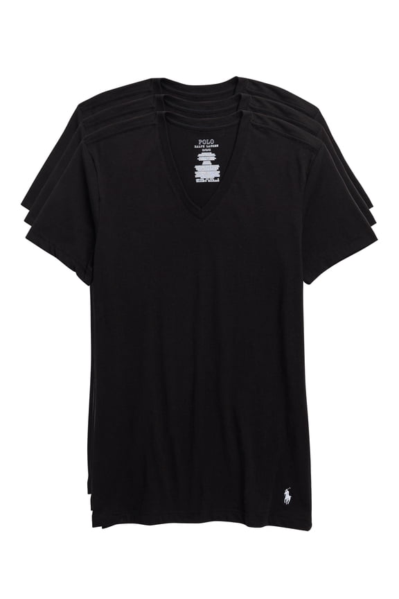 T-Shirt Mens Polo V-Neck 3 Pack Slim Fit Stretch Shirts Black Medium