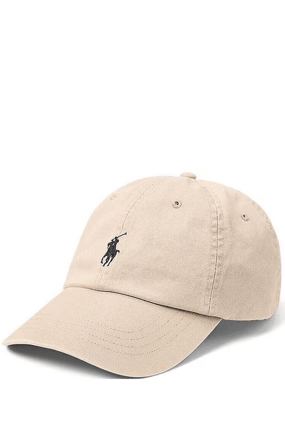 Unisex Classic Chino Baseball Cap, Khaki with Navy Pony Logo, Adjustable Strap, One Size