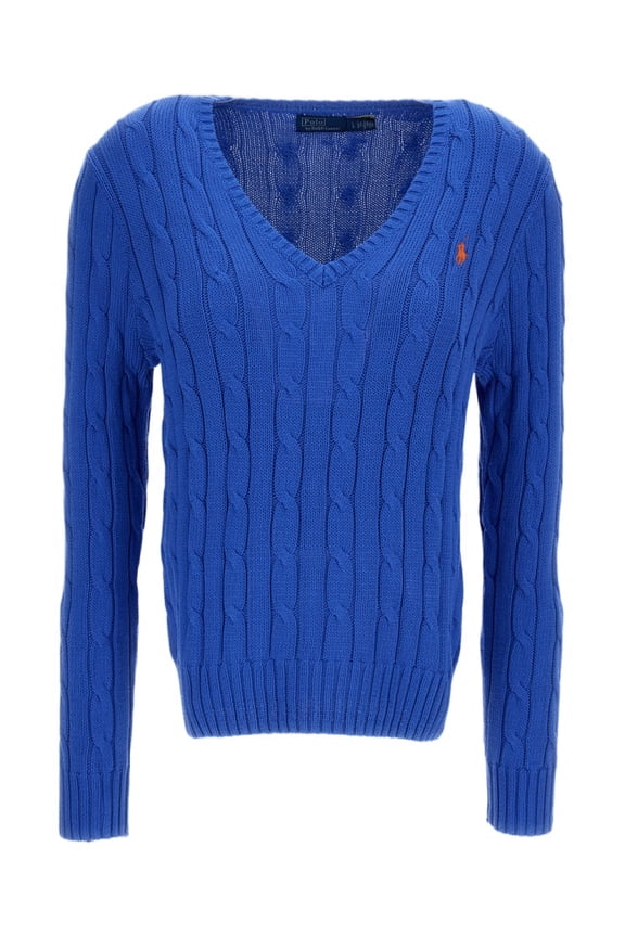 V-Neck Cable Knit Sweater With Ribbed Cuffs And Signature Embroidery (Women's)
