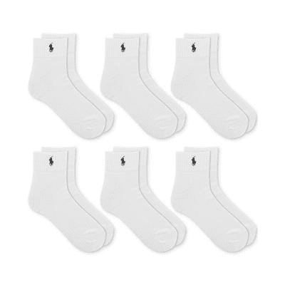Polo Ralph Lauren WHITE Men's 6-Pack Performance Sport Quarter Socks, US 10
